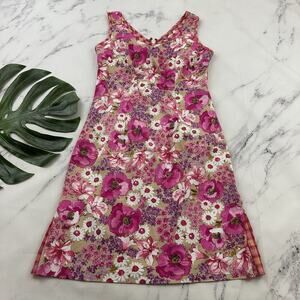 CDC Womens Vintage Y2k Sheath Dress Size 8 Pink Purple Floral Plaid Trim Spring